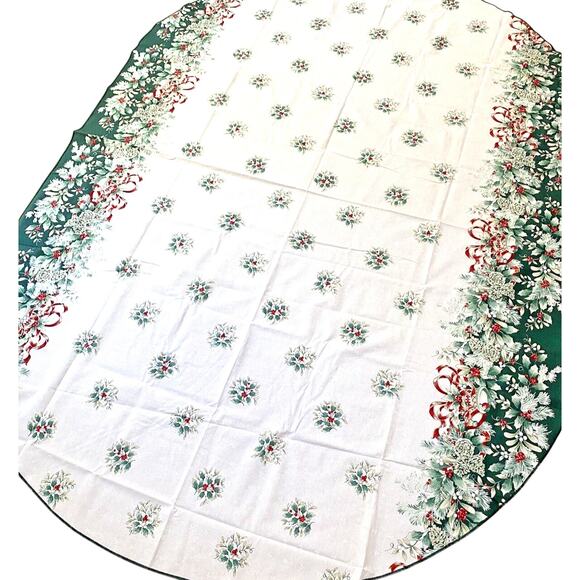 Christmas Tablecloth Holly Berry Bells Ornaments Greenery Cotton Blend Oval - Picture 9 of 9